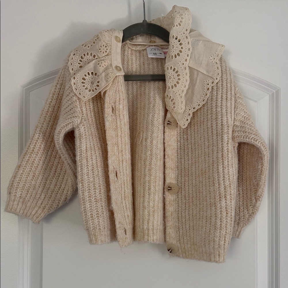 Zara Cream Knit Cardigan with Lace Collar